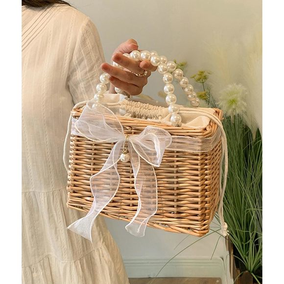 Wicker Basket Lace Ribbon Handbag Vacation Wedding Woven Handbag Drawstring :o) - Picture 3 of 7